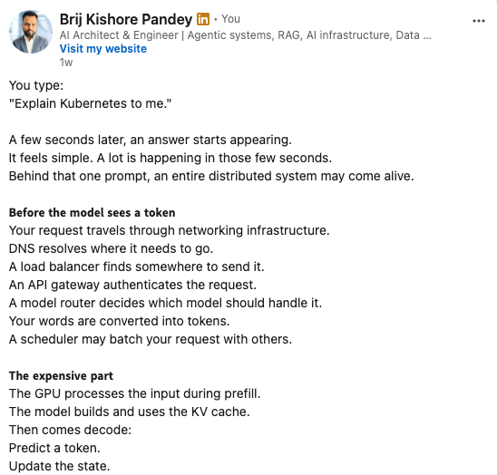Example LinkedIn text post explaining Kubernetes